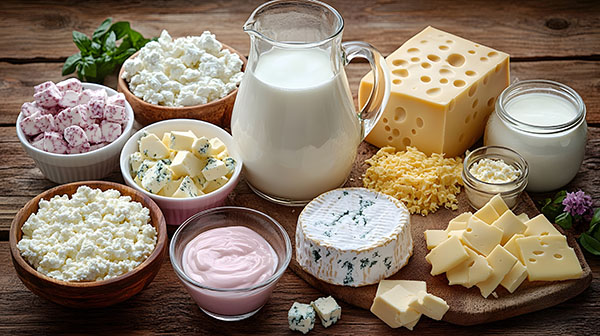 Dairy products including milk cheese and yogurt on the Wooden Table AI Generated