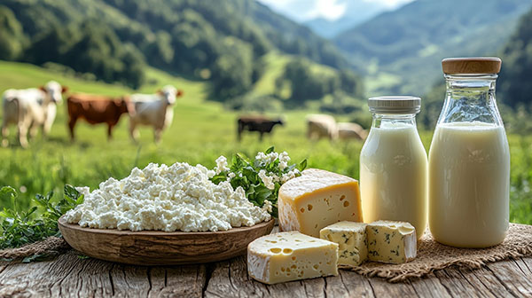 A wooden table with a bowl of cheese and milk bottles