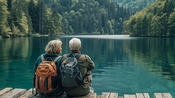 Älteres Ehepaar entspant bei Wanderung am See