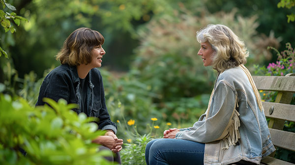 Two mature women sitting outdoors in a garden and talking togeth